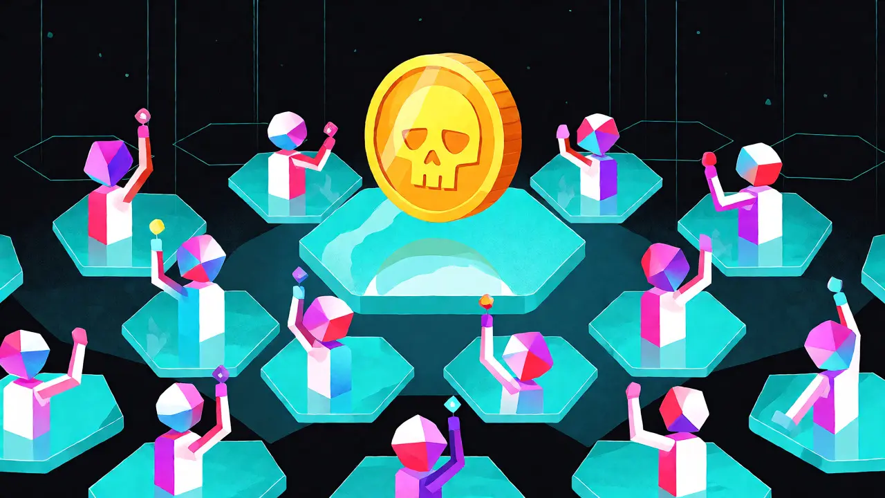 Abstract avatars voting in a geometric DAO council chamber