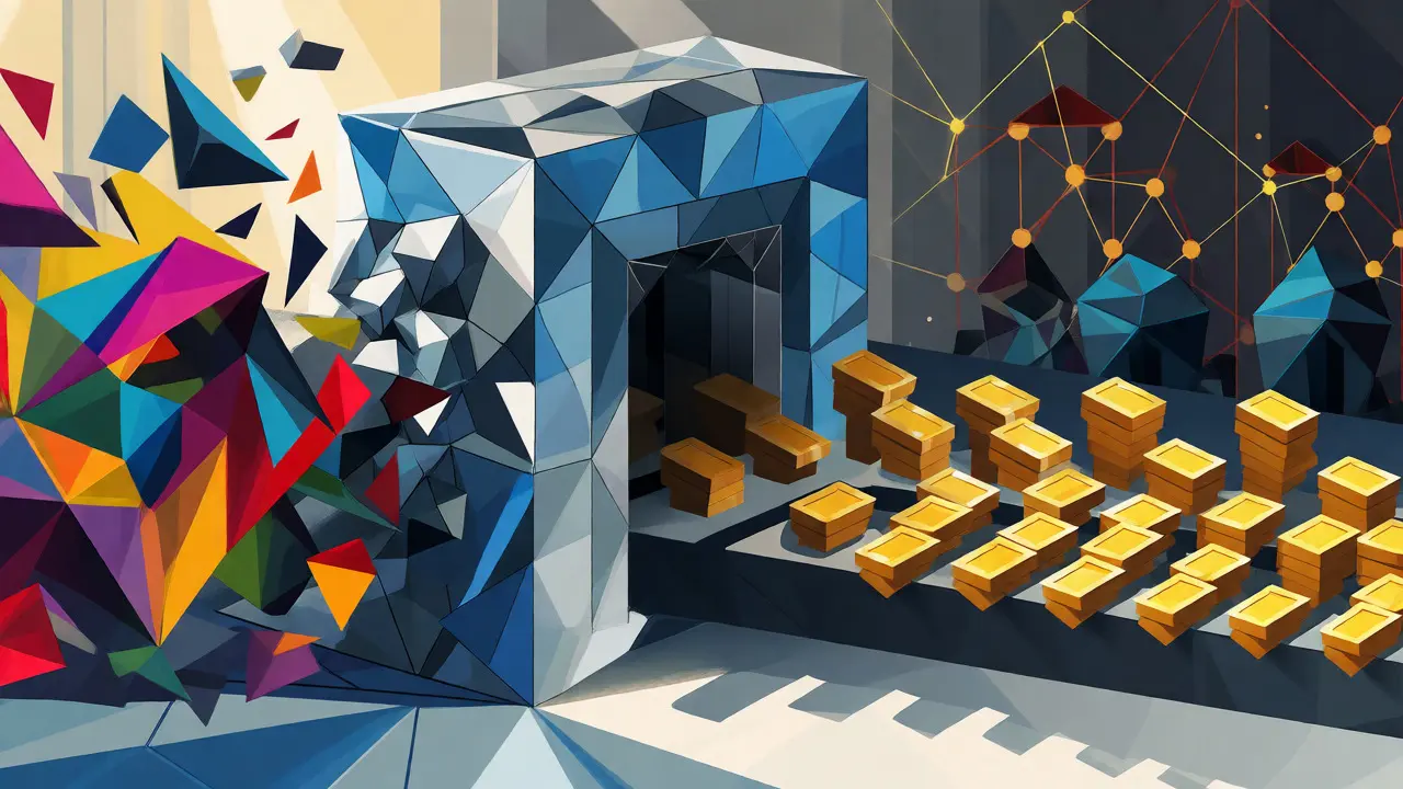 Abstract geometric art depicting regulated crypto trading versus illegal mining and unlicensed exchanges.