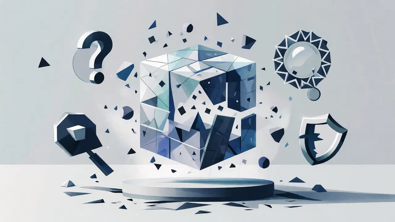 Abstract geometric cube surrounded by fragmented icons representing missing transparency and hidden data in a crypto platform.