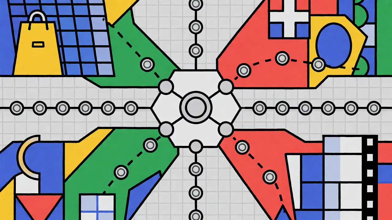 Abstract geometric diagram showing platform tokens connecting blockchain networks to energy, retail, and other industries.