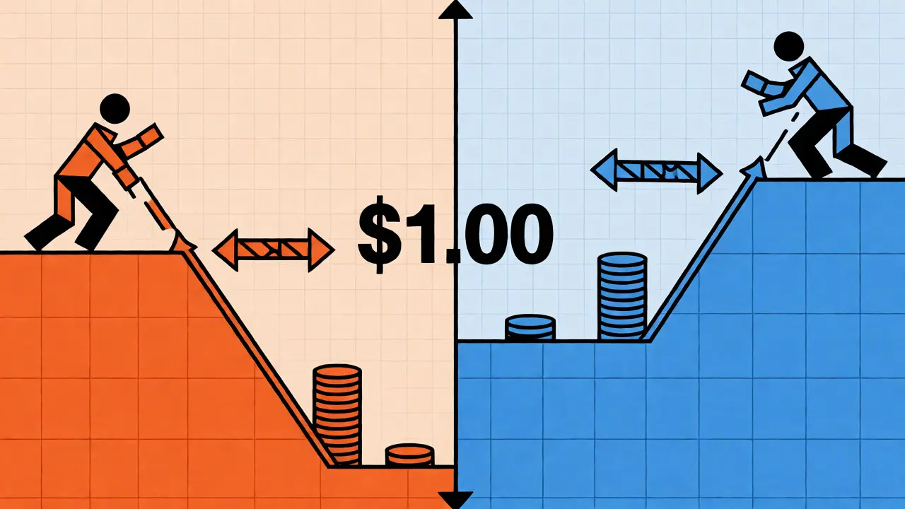 Abstract geometric diagram showing traders arbitraging stablecoin prices around a .00 peg.