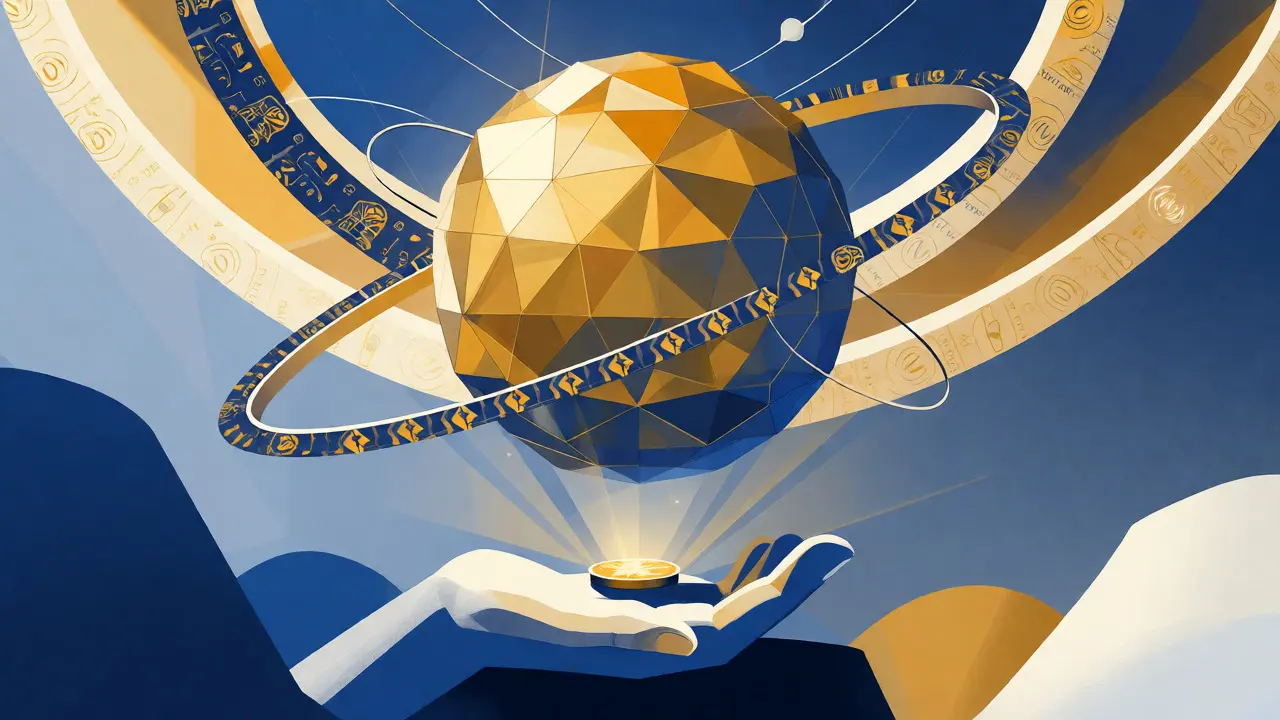 Abstract geometric illustration of a golden sphere orbited by asset classes representing yield generation.