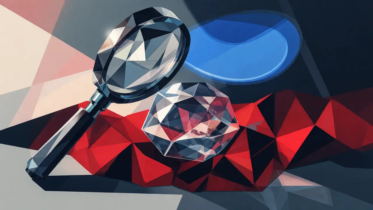 Abstract geometric magnifying glass examining a cracked gemstone with risk indicators