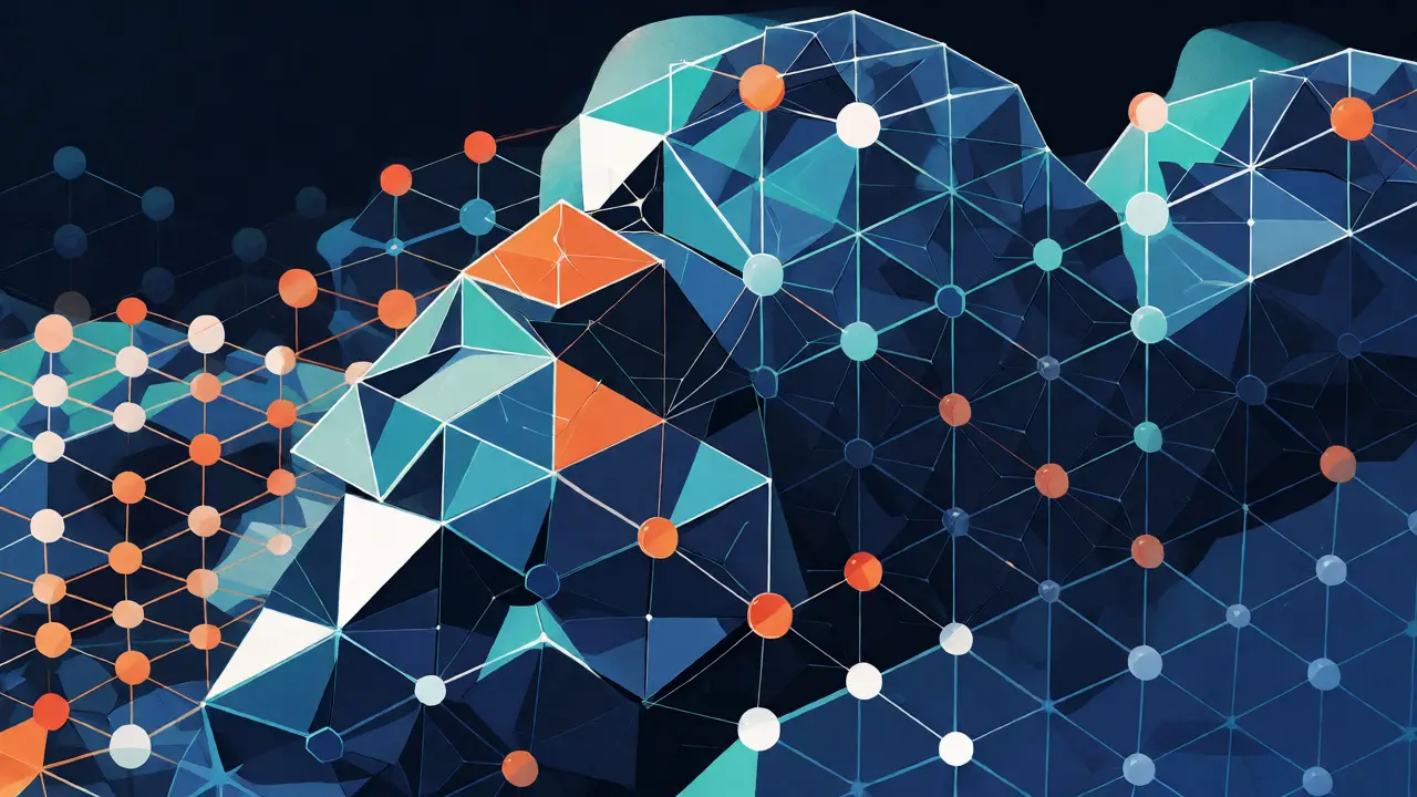 Abstract geometric network of nodes demonstrating resilience and distributed ledger technology.