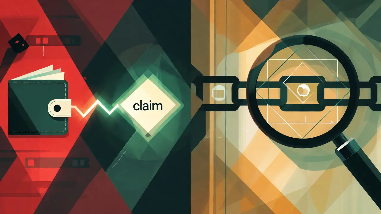Abstract geometric scene showing secure wallet connection and scam verification.
