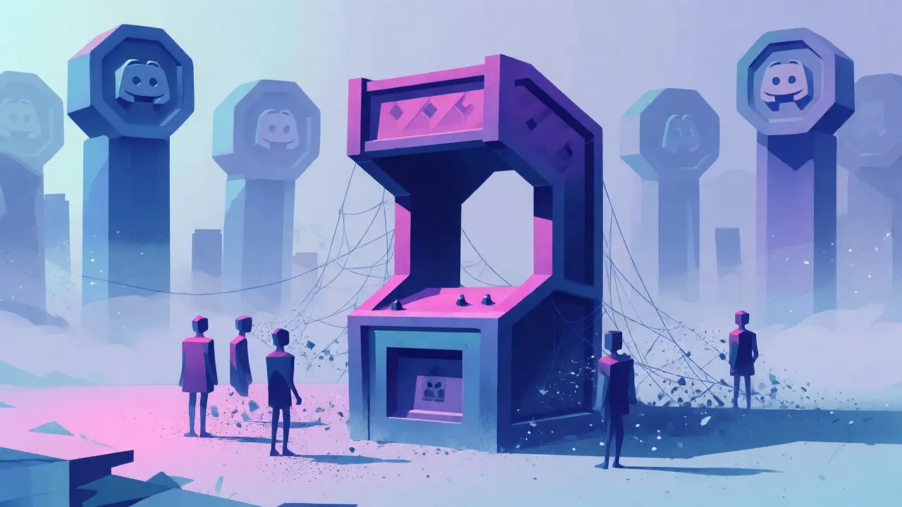 An empty geometric arcade cabinet surrounded by fading figures, symbolizing a dying community.
