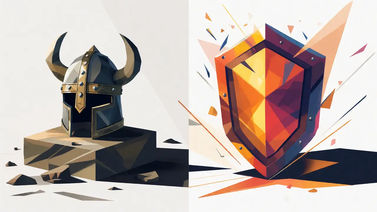 Comparison of a dim Viking helmet and a vibrant shield in geometric illustration
