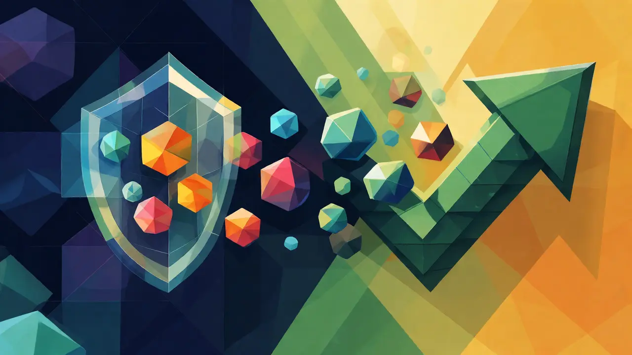 Conceptual art depicting a shield protecting tokens flowing into an upward growth arrow.