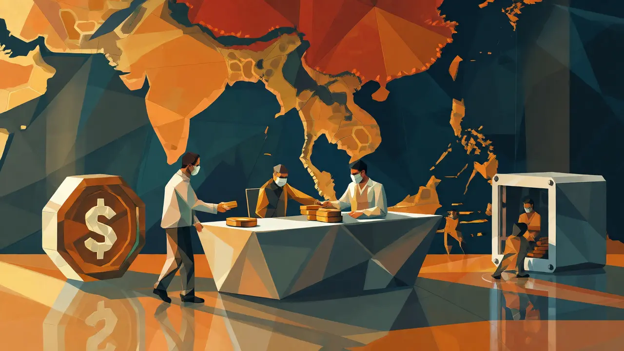 Faceted map of Southeast Asia showing crypto-to-fiat exchange at OTC desks with masked figures.