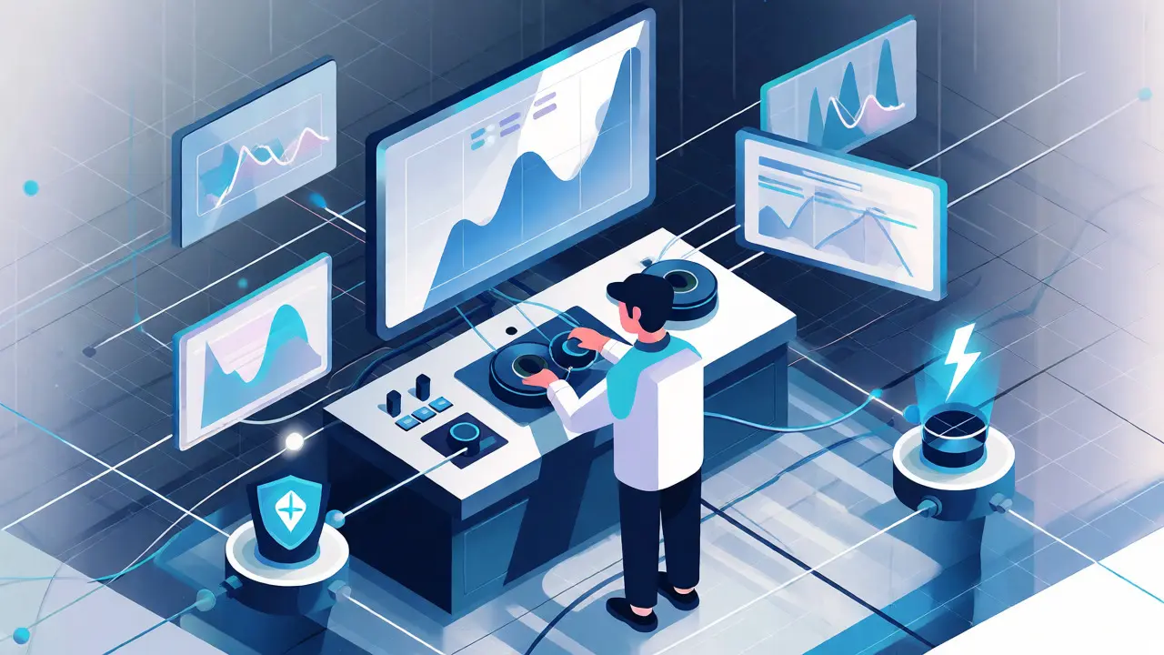 Futuristic control room with geometric operator managing global financial nodes