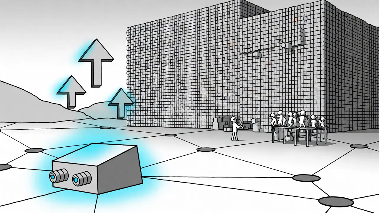 Futuristic geometric scene showing advanced miners facing high network difficulty walls.