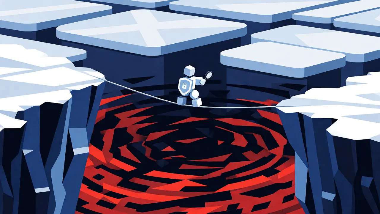 Geometric artwork depicting an investor balancing risks like volatility and regulation while evaluating crypto assets.