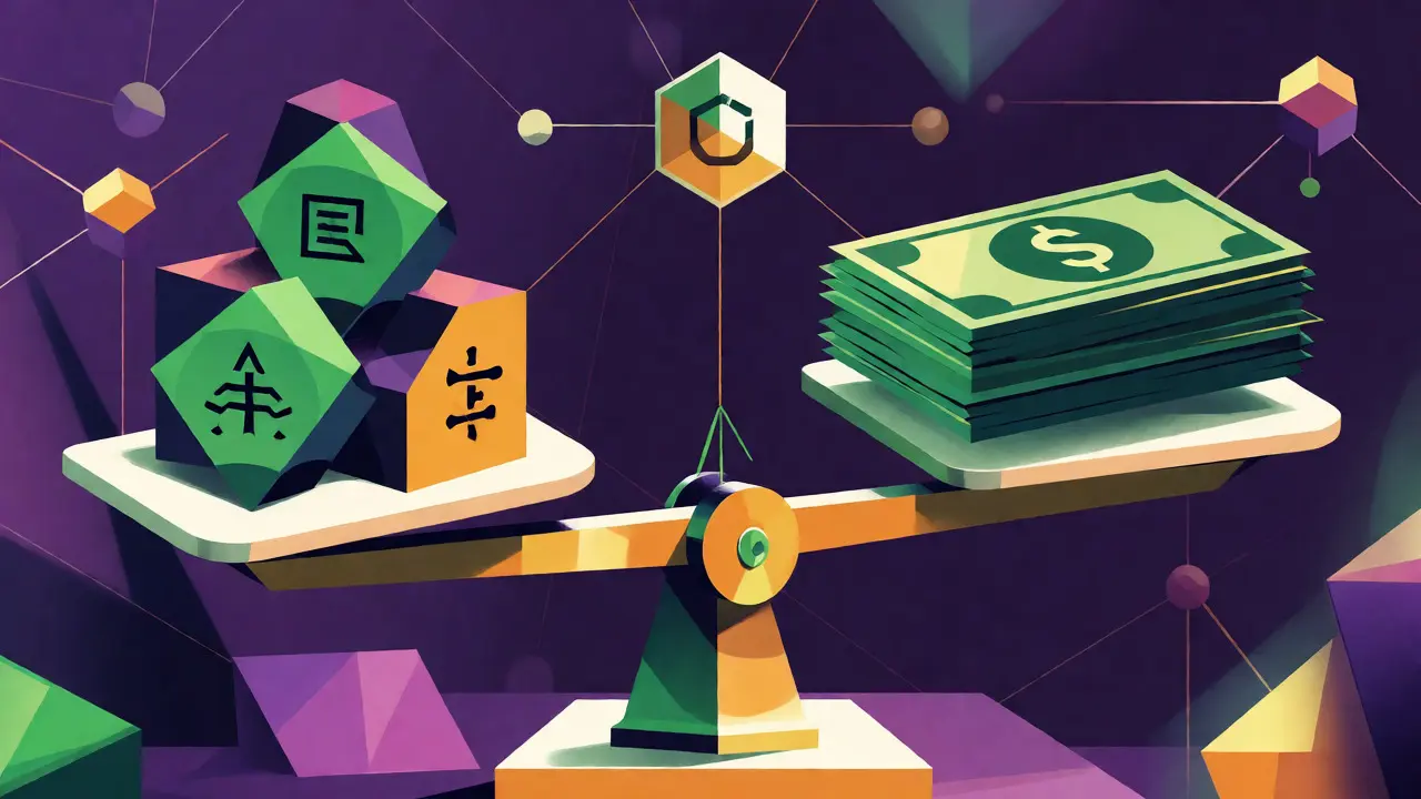 Geometric balance scale comparing crypto tokens against dollar bills to show over-collateralization.
