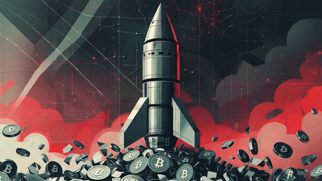 Geometric missile rising from scattered crypto tokens against a backdrop of regulatory grids.