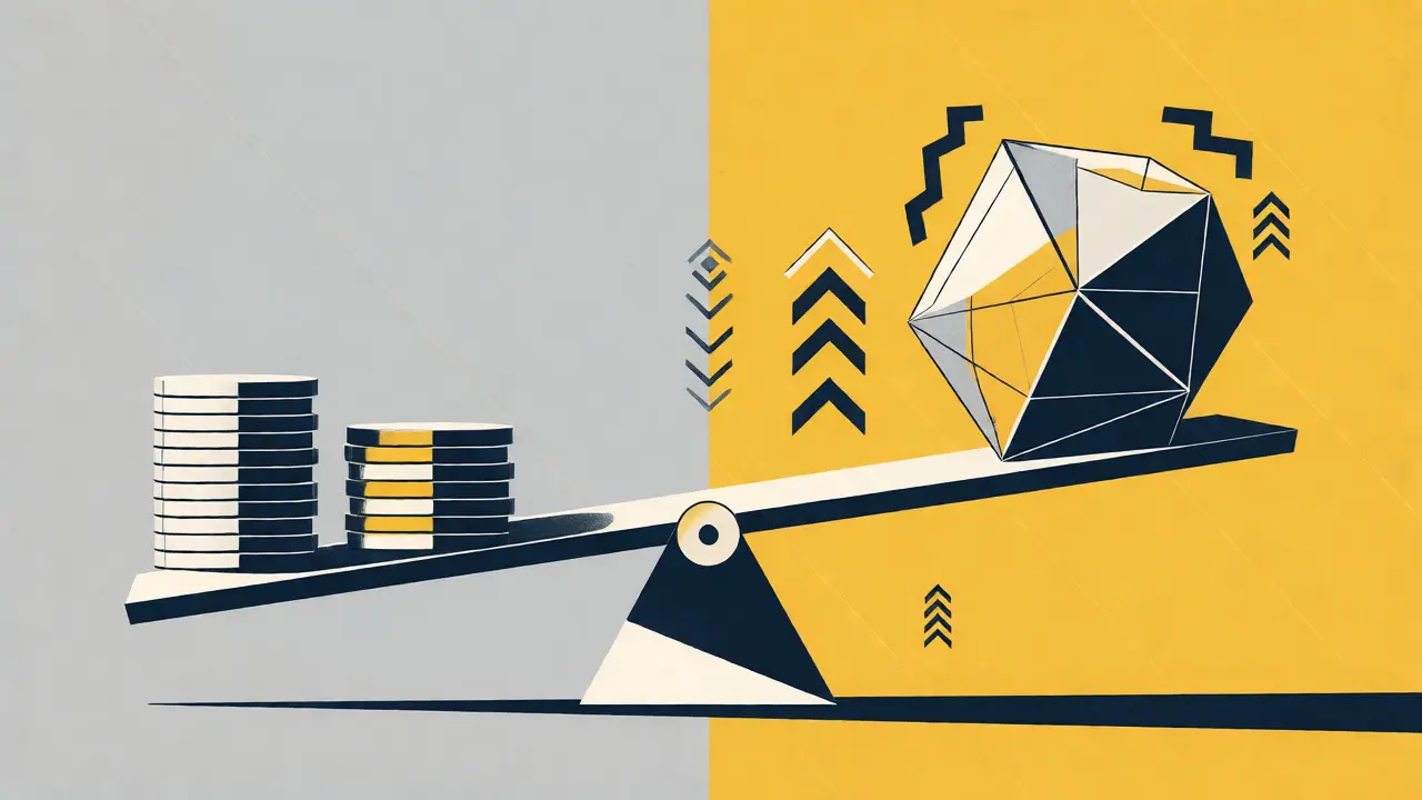 Geometric scale balancing small coins against a large polyhedron