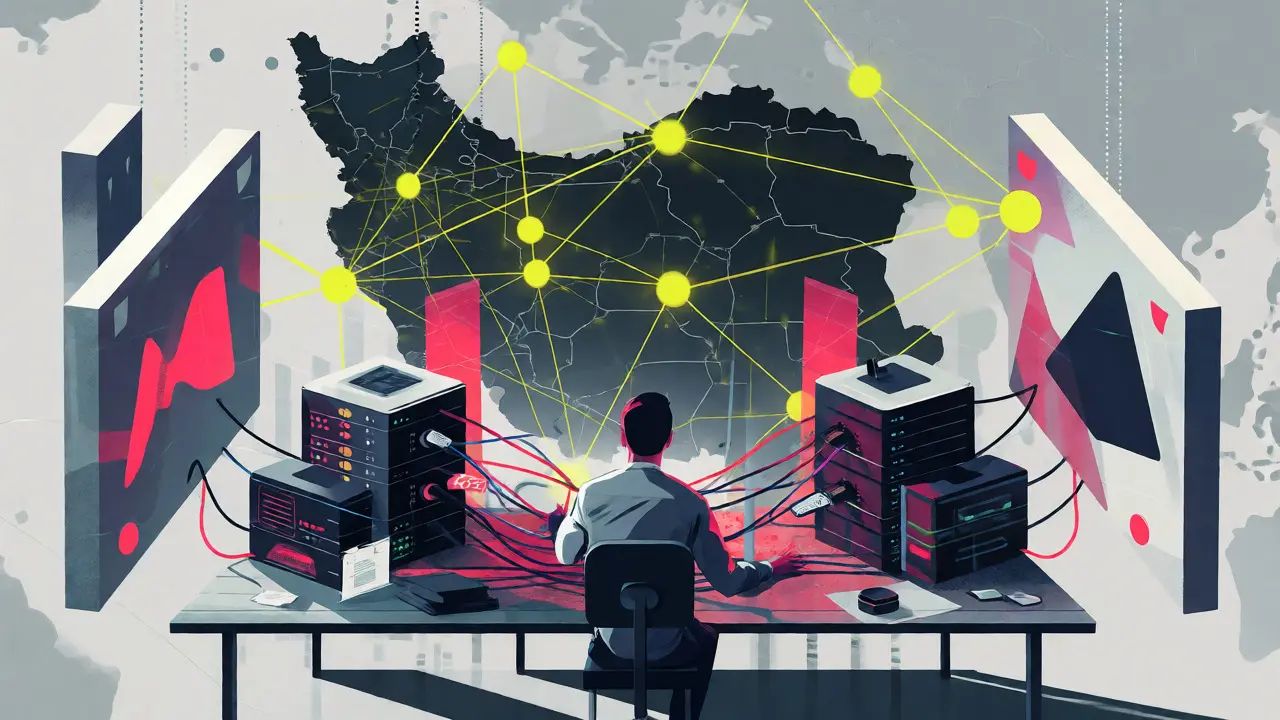 Geometric scene of a user navigating VPN networks and barriers to access global crypto markets.
