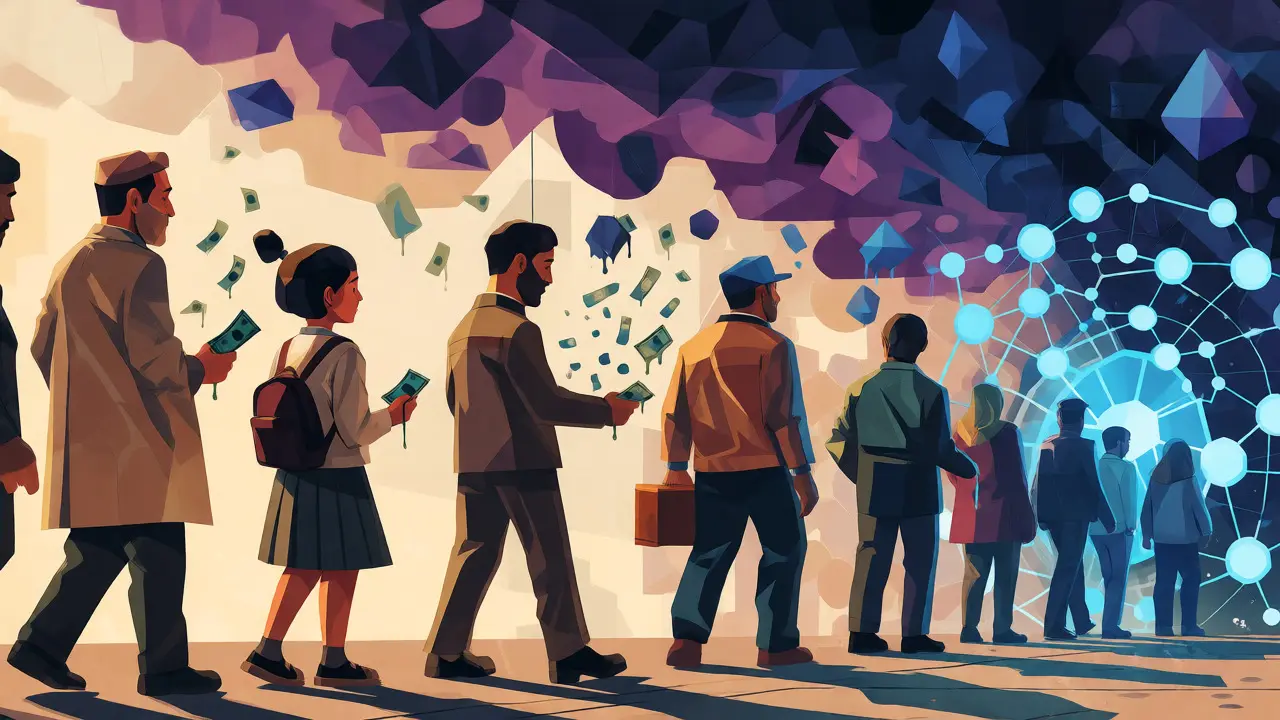 Illustration of Iranians fleeing melting cash for a digital blockchain portal under pressure.