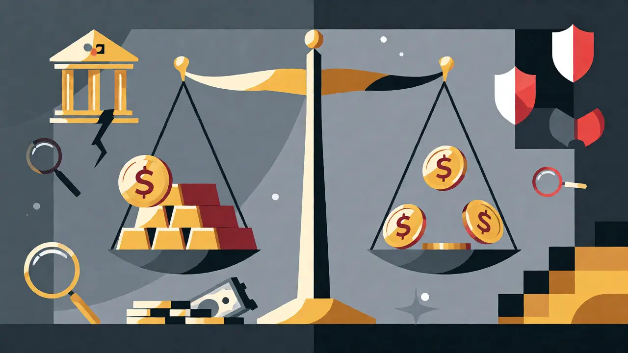 Illustration of scales balancing financial reserves against digital tokens with audit icons.