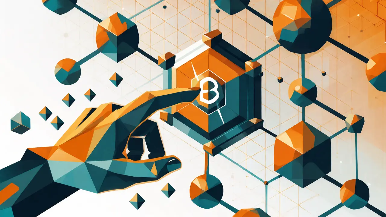 Isometric hand touching a blockchain node with falling tokens