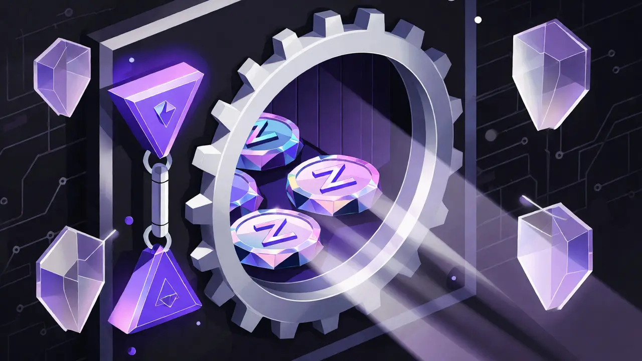 Isometric vault opening to reveal glowing Z-shaped tokens protected by hexagonal shields.