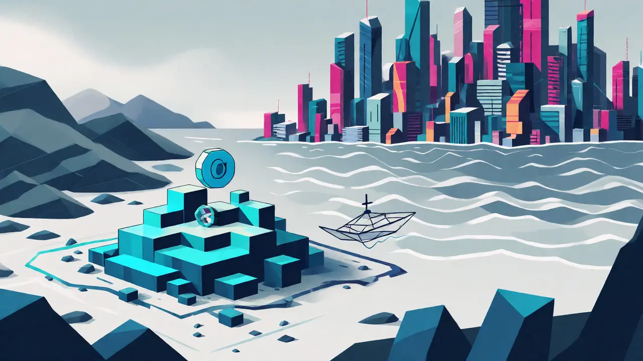 Small geometric island vs large city representing low liquidity DEX