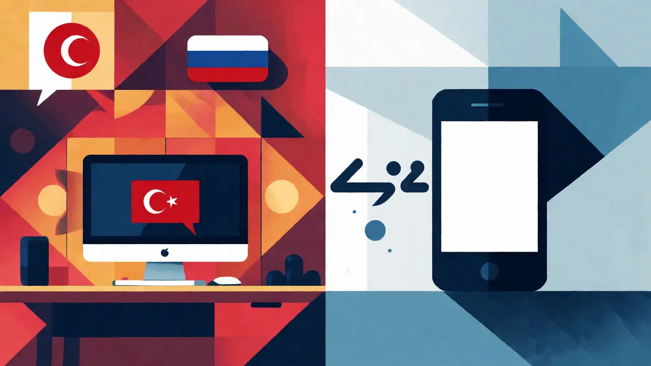 Split composition showing a warm desktop trading setup versus a disconnected mobile phone, highlighting the lack of a mobile app.
