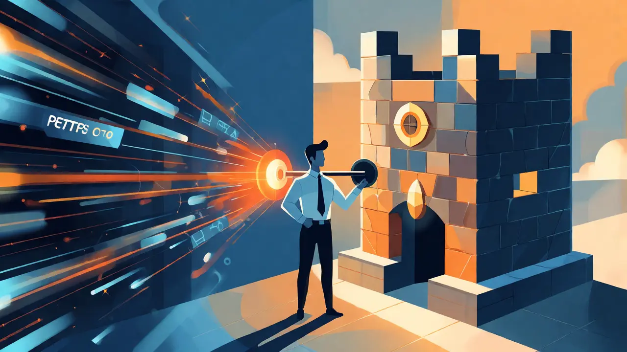 Split-screen geometric art showing fast trading engines and secure fortress-like features.
