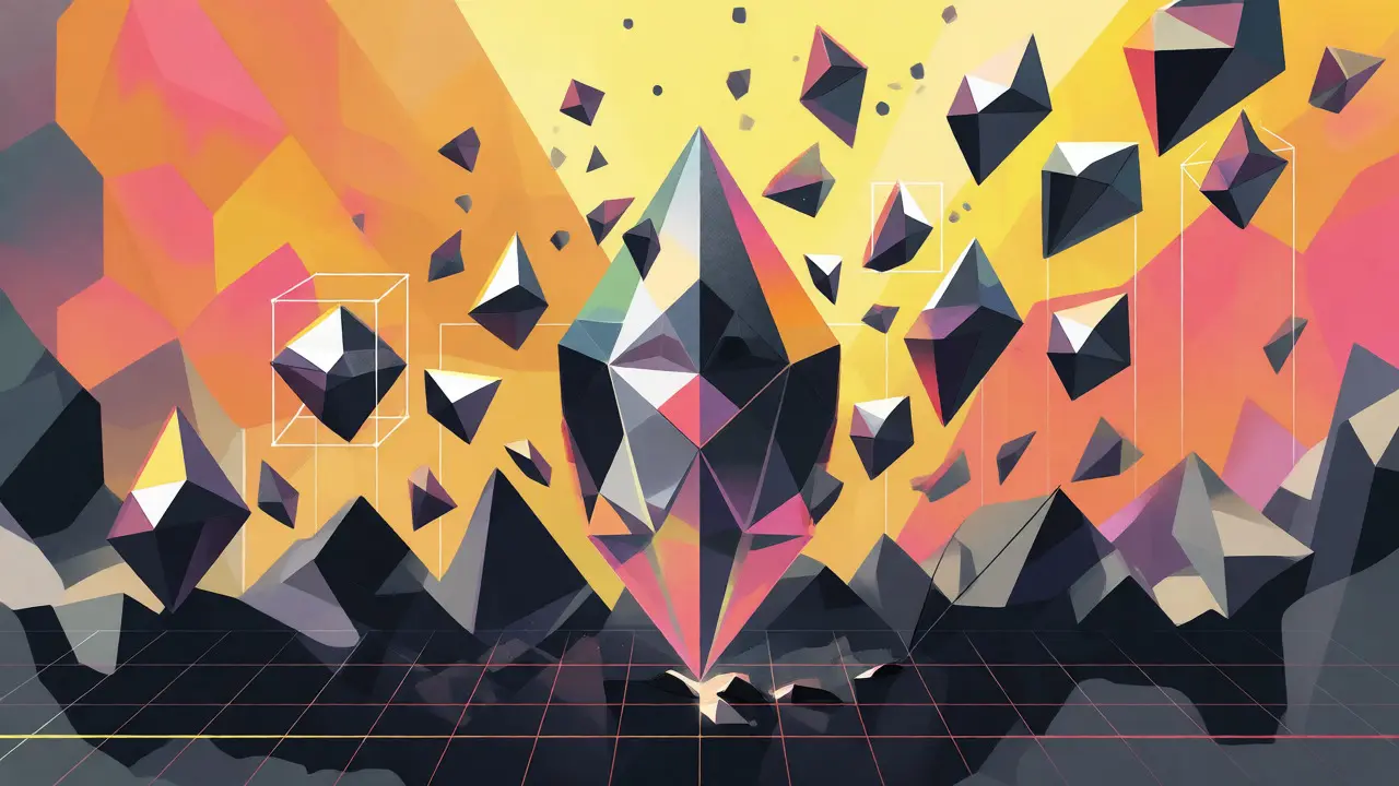 Stylized geometric graphic depicting token vesting schedules and asset growth.