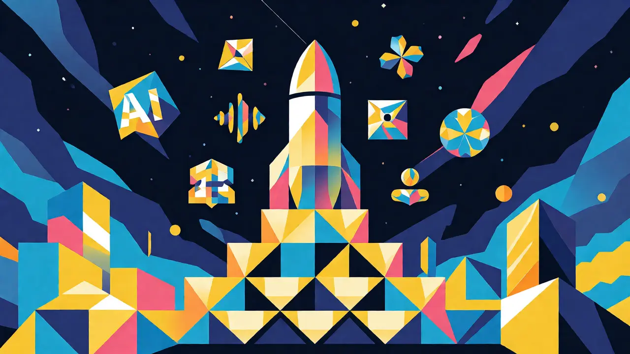 Stylized geometric rocket launching symbolizing crypto growth