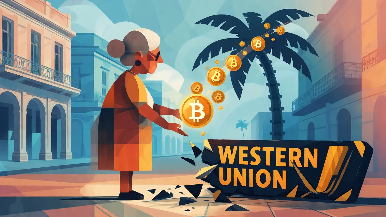 Stylized grandmother receiving Bitcoin via blockchain, bypassing closed traditional banking services.