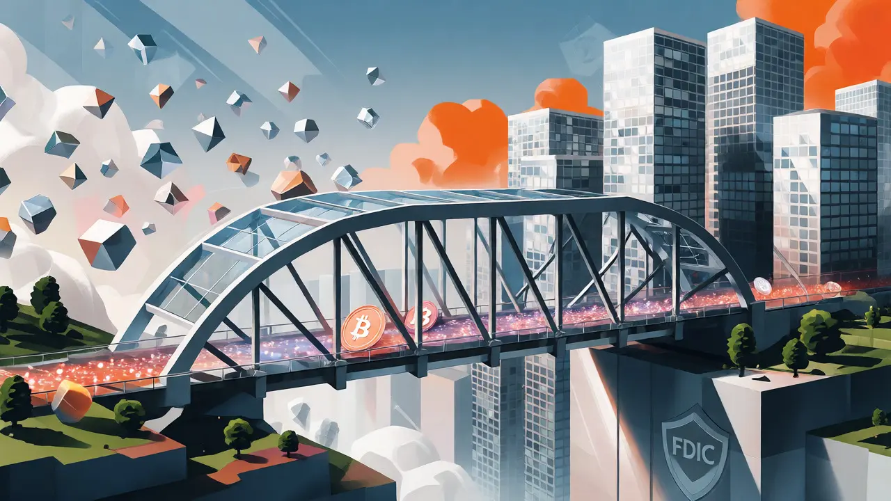 Visual metaphor of institutions integrating crypto via a clear regulatory bridge.