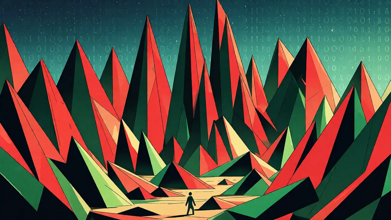 Volatile crypto price chart depicted as jagged geometric mountains